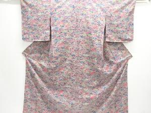 アンティーク　家屋に草花模様手織り紬着物